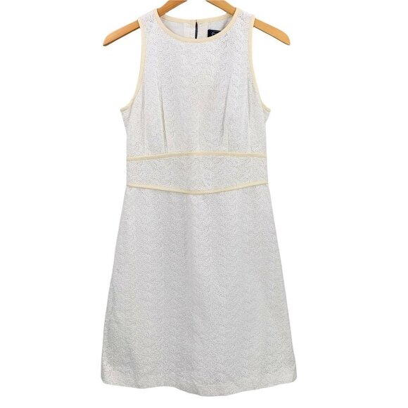 NWT Magaschoni White Cotton Eyelet Leather Trim Sheath Dress Size 6